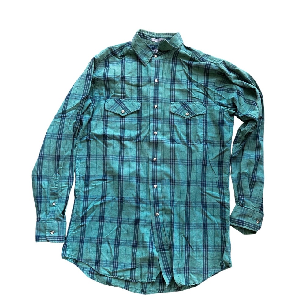 Mettlers Mens Green Navy Blue Plaid Button Down Shirt 100% Cotton Made‎ in USA M